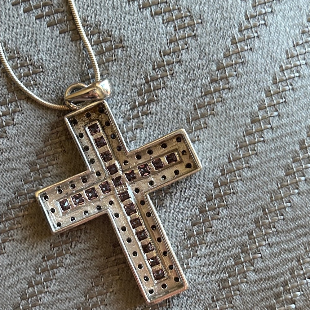 Vintage Pink and Silver Cross Necklace - Picture 6 of 17